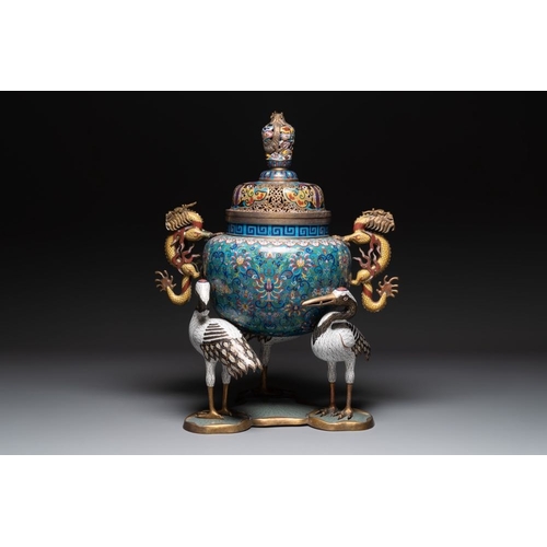 838 - A pair of large and impressive Chinese cloisonne 'dragons and cranes' censers and covers, 19/20th C.... 