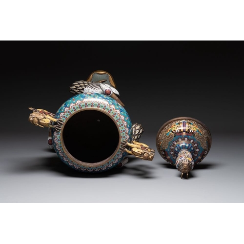 838 - A pair of large and impressive Chinese cloisonne 'dragons and cranes' censers and covers, 19/20th C.... 