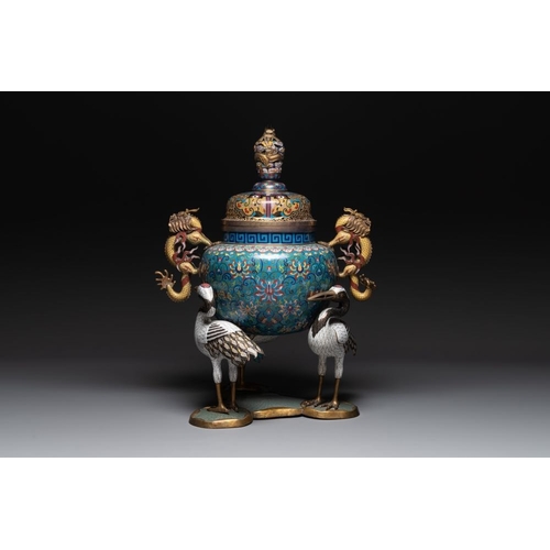 838 - A pair of large and impressive Chinese cloisonne 'dragons and cranes' censers and covers, 19/20th C.... 