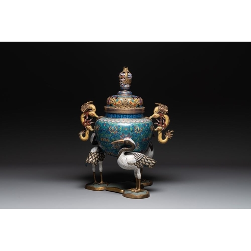 838 - A pair of large and impressive Chinese cloisonne 'dragons and cranes' censers and covers, 19/20th C.... 