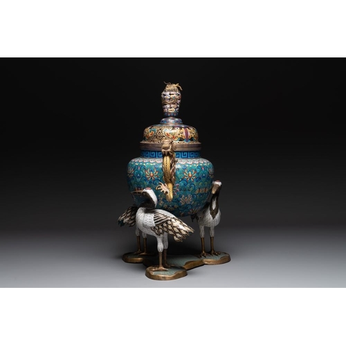 838 - A pair of large and impressive Chinese cloisonne 'dragons and cranes' censers and covers, 19/20th C.... 