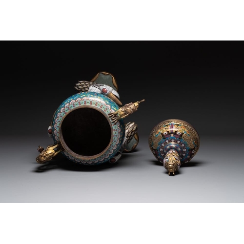 838 - A pair of large and impressive Chinese cloisonne 'dragons and cranes' censers and covers, 19/20th C.... 