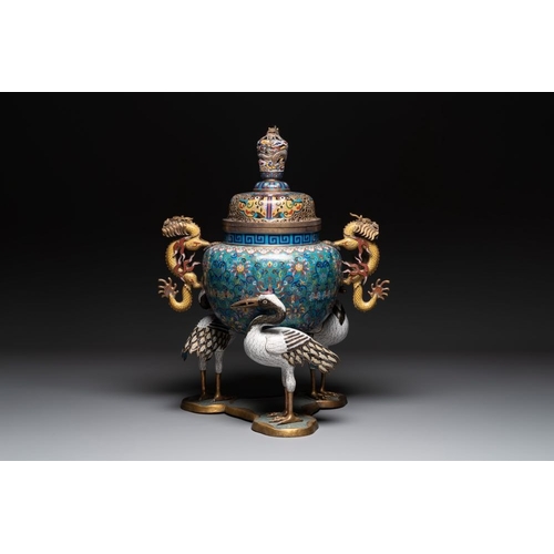 838 - A pair of large and impressive Chinese cloisonne 'dragons and cranes' censers and covers, 19/20th C.... 