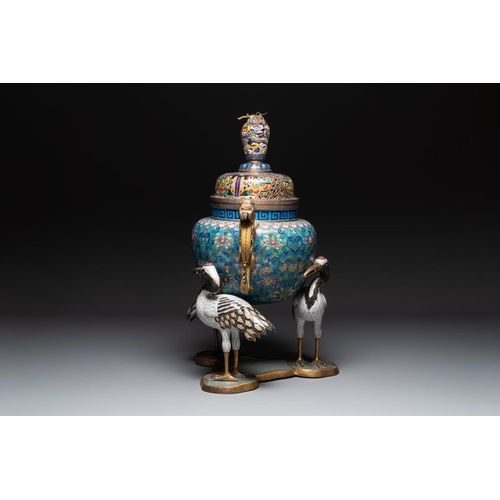 838 - A pair of large and impressive Chinese cloisonne 'dragons and cranes' censers and covers, 19/20th C.... 