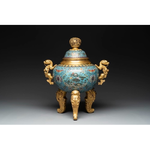 840 - An impressive Chinese cloisonne 'dragon' censer and cover on wooden stand, Qianlong mark and of the ... 