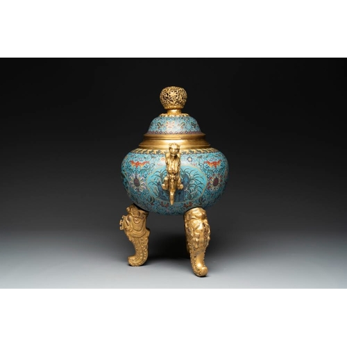 840 - An impressive Chinese cloisonne 'dragon' censer and cover on wooden stand, Qianlong mark and of the ... 