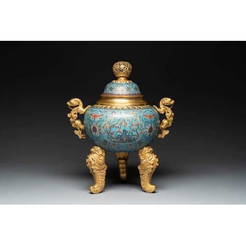 840 - An impressive Chinese cloisonne 'dragon' censer and cover on wooden stand, Qianlong mark and of the ... 