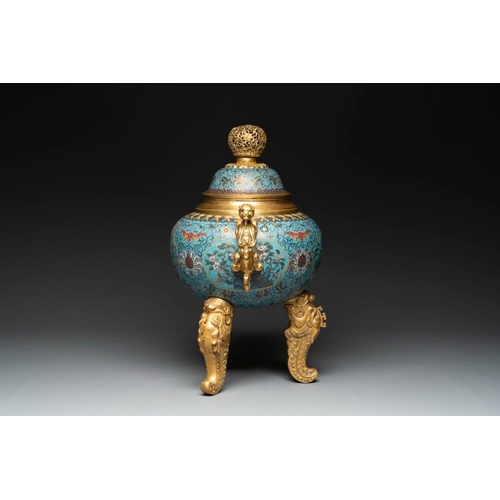 840 - An impressive Chinese cloisonne 'dragon' censer and cover on wooden stand, Qianlong mark and of the ... 