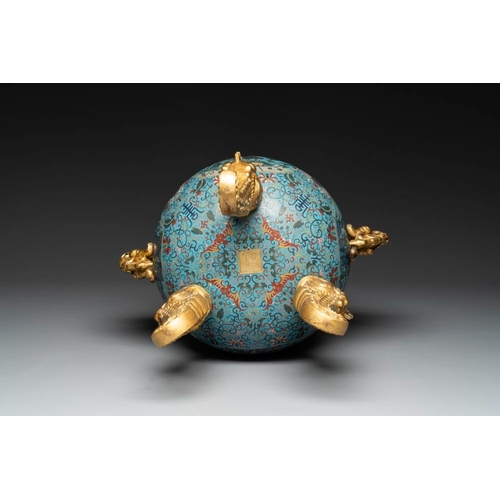 840 - An impressive Chinese cloisonne 'dragon' censer and cover on wooden stand, Qianlong mark and of the ... 