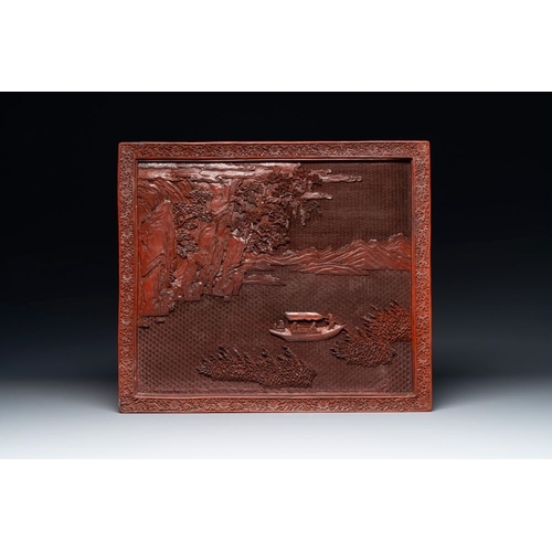 852 - A rectangular Chinese carved red lacquer 'dragon' table screen, later wooden stand, QianlongDim.: 59... 