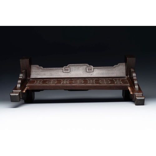 852 - A rectangular Chinese carved red lacquer 'dragon' table screen, later wooden stand, QianlongDim.: 59... 