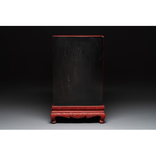 854 - A Chinese cinnabar lacquer 'mountainous landscape' cabinet on a stand, 19th C.Dim.: 44 x 24 x 70,5 c... 