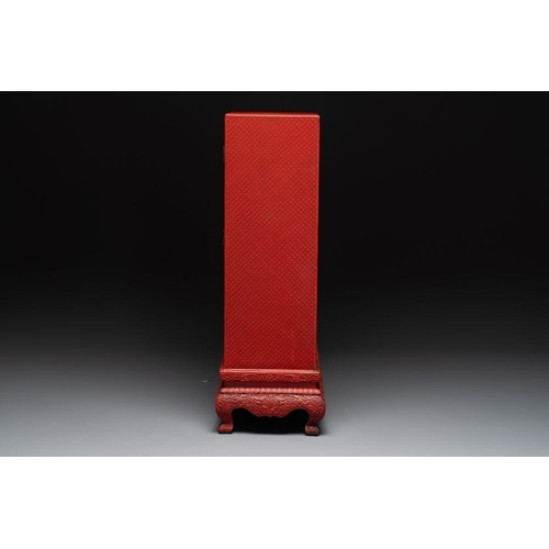 854 - A Chinese cinnabar lacquer 'mountainous landscape' cabinet on a stand, 19th C.Dim.: 44 x 24 x 70,5 c... 