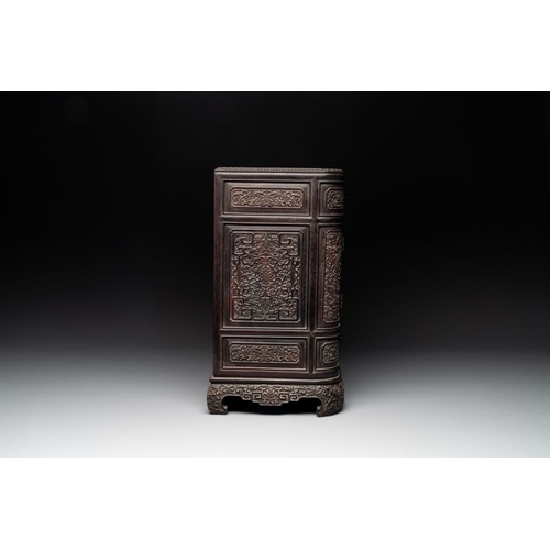 855 - A Chinese zitan wood 'duo bao ge' cabinet of curiosities with carved floral design, 19th C.Dim.: 48,... 