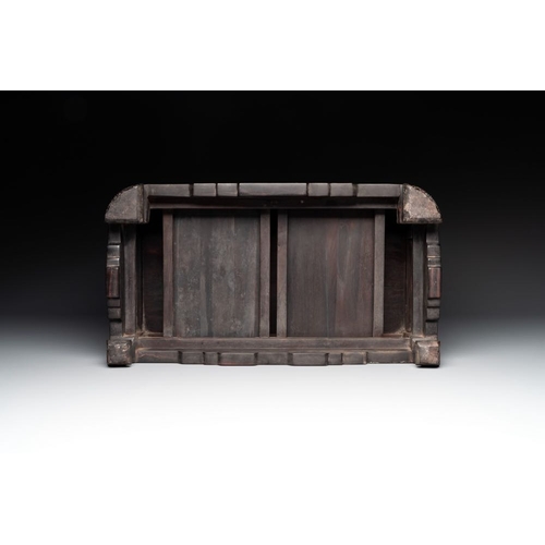 855 - A Chinese zitan wood 'duo bao ge' cabinet of curiosities with carved floral design, 19th C.Dim.: 48,... 