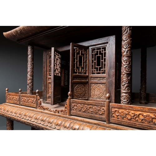 858 - A large Chinese wooden pagoda-form clock with English clock movement, 18/19th C.Dim.: 78,5 x 55,5 x ... 