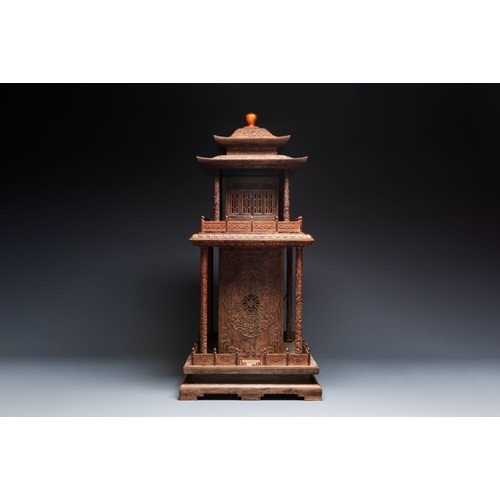 858 - A large Chinese wooden pagoda-form clock with English clock movement, 18/19th C.Dim.: 78,5 x 55,5 x ... 