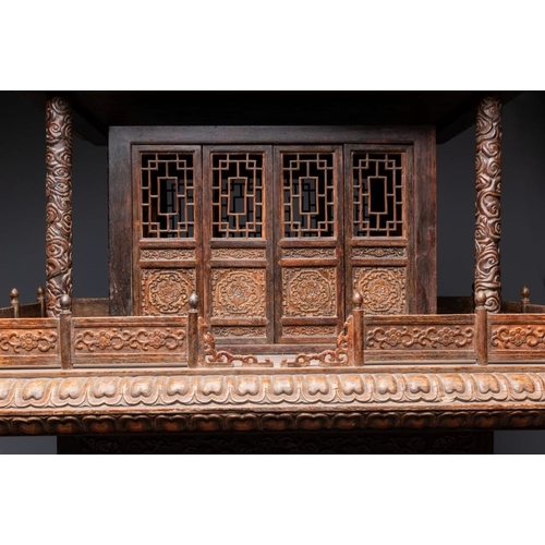 858 - A large Chinese wooden pagoda-form clock with English clock movement, 18/19th C.Dim.: 78,5 x 55,5 x ... 