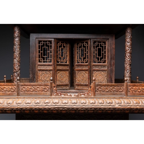 858 - A large Chinese wooden pagoda-form clock with English clock movement, 18/19th C.Dim.: 78,5 x 55,5 x ... 