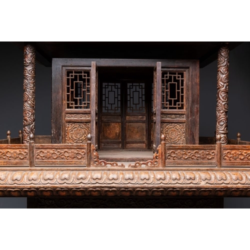 858 - A large Chinese wooden pagoda-form clock with English clock movement, 18/19th C.Dim.: 78,5 x 55,5 x ... 