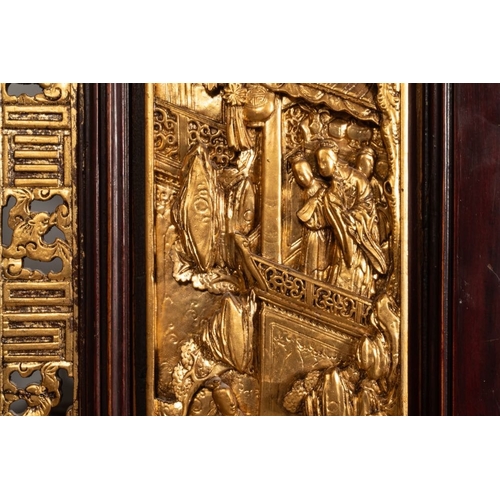 859 - A Chinese four-part reticulated and partially gilt wooden folding screen, 19th C.Dim.: 200 x 195 cm ... 