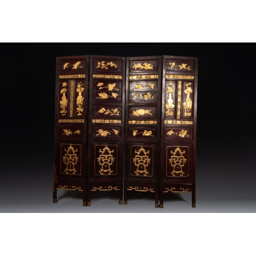 859 - A Chinese four-part reticulated and partially gilt wooden folding screen, 19th C.Dim.: 200 x 195 cm ... 