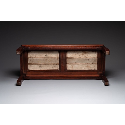 862 - A Chinese hardwood low table with two famille rose plaques, RepublicDim.: 92 x 36 x 43,5 cm (the tab... 