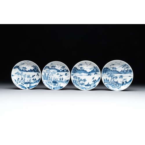 883 - Four Chinese blue and white 'landscape' cups and saucers, KangxiDia.: 11 cm (the saucers)Dia.: 6,8 c... 