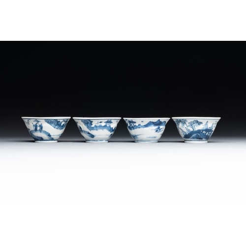 883 - Four Chinese blue and white 'landscape' cups and saucers, KangxiDia.: 11 cm (the saucers)Dia.: 6,8 c... 