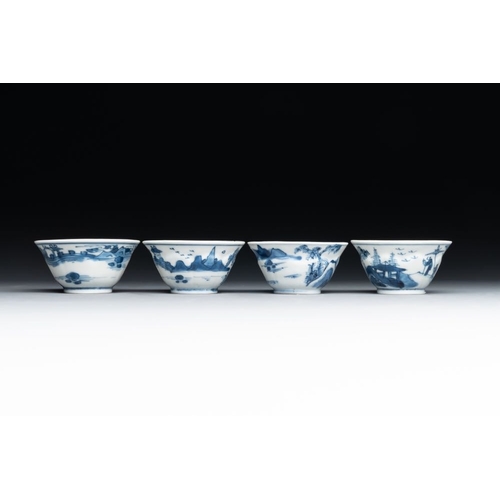 883 - Four Chinese blue and white 'landscape' cups and saucers, KangxiDia.: 11 cm (the saucers)Dia.: 6,8 c... 