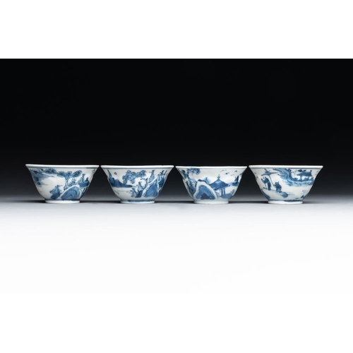 883 - Four Chinese blue and white 'landscape' cups and saucers, KangxiDia.: 11 cm (the saucers)Dia.: 6,8 c... 