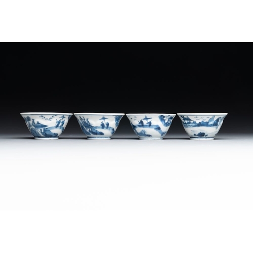 883 - Four Chinese blue and white 'landscape' cups and saucers, KangxiDia.: 11 cm (the saucers)Dia.: 6,8 c... 