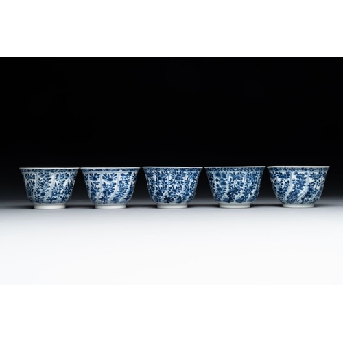 887 - Five Chinese blue and white cups and saucers with floral design, Yu  mark, KangxiDia.: 13,6 cm (the ... 