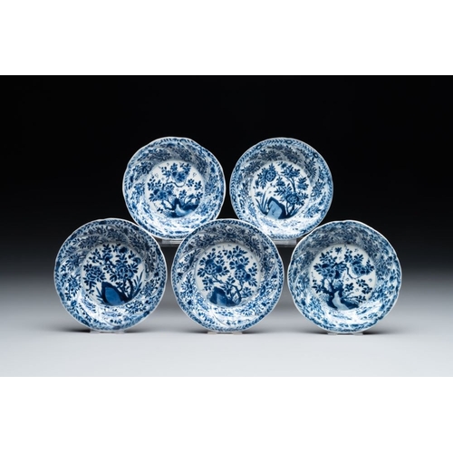 887 - Five Chinese blue and white cups and saucers with floral design, Yu  mark, KangxiDia.: 13,6 cm (the ... 