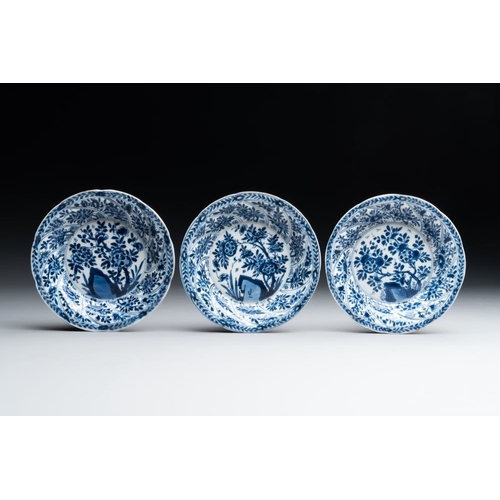 887 - Five Chinese blue and white cups and saucers with floral design, Yu  mark, KangxiDia.: 13,6 cm (the ... 