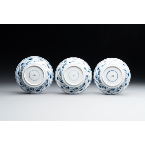 887 - Five Chinese blue and white cups and saucers with floral design, Yu  mark, KangxiDia.: 13,6 cm (the ... 