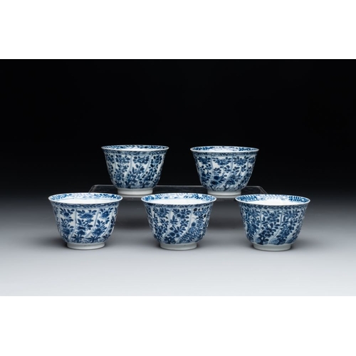 887 - Five Chinese blue and white cups and saucers with floral design, Yu  mark, KangxiDia.: 13,6 cm (the ... 