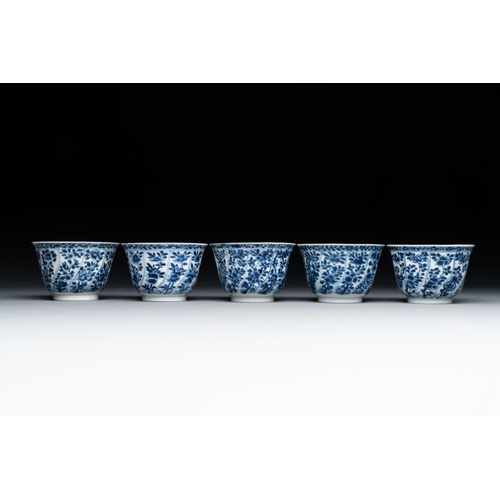 887 - Five Chinese blue and white cups and saucers with floral design, Yu  mark, KangxiDia.: 13,6 cm (the ... 