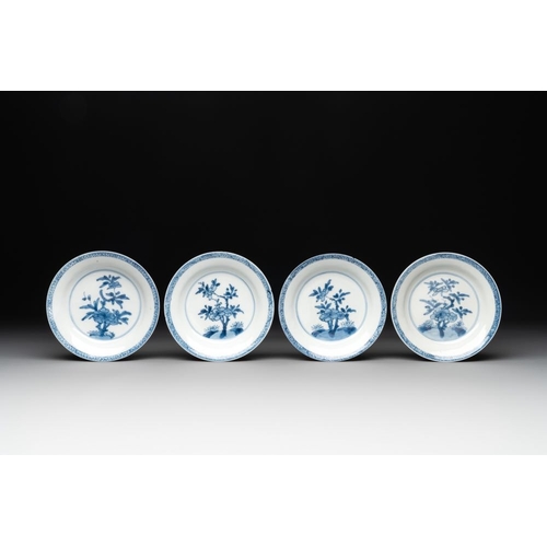 889 - Five Chinese cafe-au-lait-ground blue and white cups and four saucers, conical shell mark, KangxiDia... 