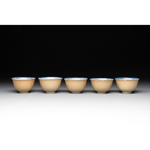 889 - Five Chinese cafe-au-lait-ground blue and white cups and four saucers, conical shell mark, KangxiDia... 