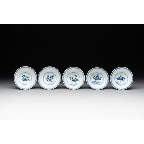 889 - Five Chinese cafe-au-lait-ground blue and white cups and four saucers, conical shell mark, KangxiDia... 