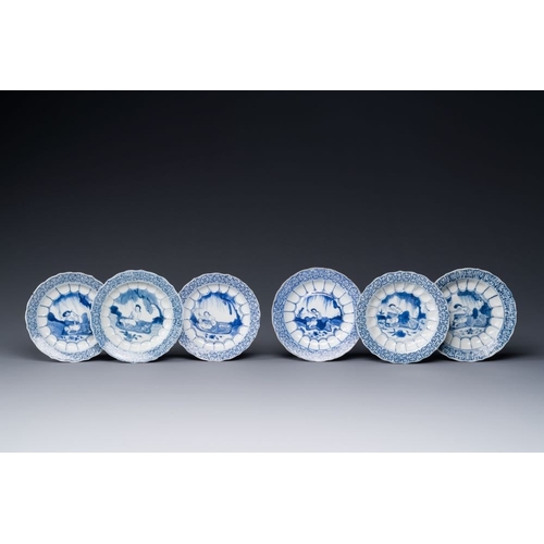 890 - Six Chinese blue and white 'acupuncture' saucers, KangxiDia.: 11 cm