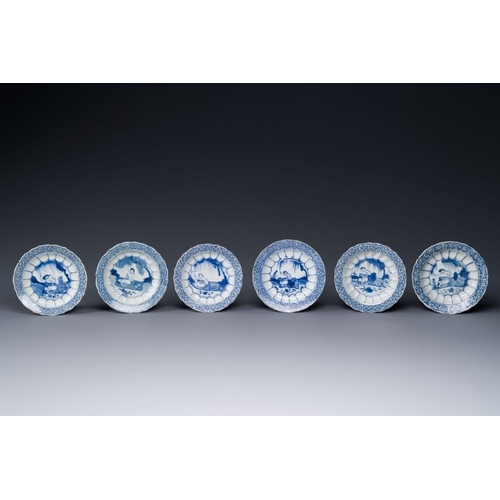 890 - Six Chinese blue and white 'acupuncture' saucers, KangxiDia.: 11 cm