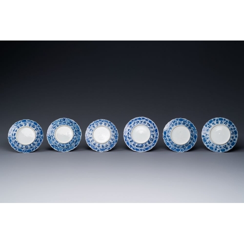 890 - Six Chinese blue and white 'acupuncture' saucers, KangxiDia.: 11 cm