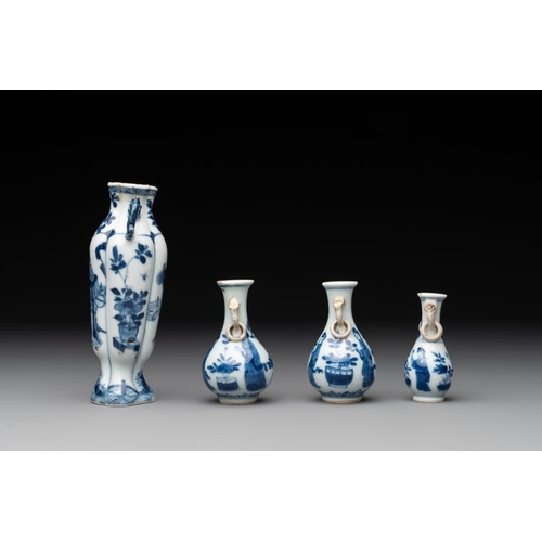 893 - Four Chinese blue and white miniature 'Long Eliza' vases, KangxiH.: 13,3 cm (the tallest)H.: 6,4 cm ... 