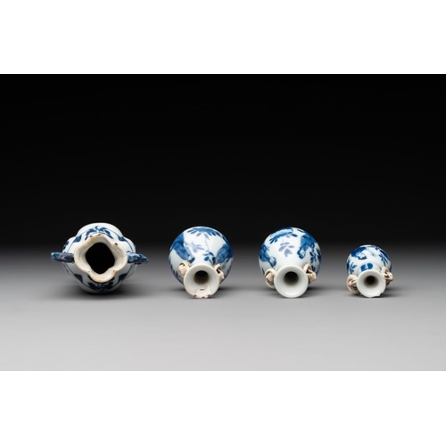 893 - Four Chinese blue and white miniature 'Long Eliza' vases, KangxiH.: 13,3 cm (the tallest)H.: 6,4 cm ... 