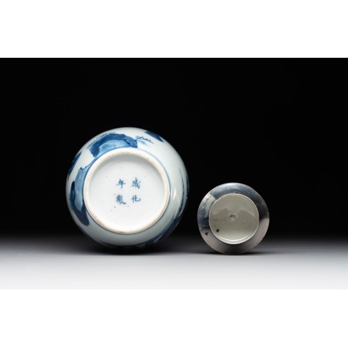 897 - A Chinese blue and white silver-mounted 'Long Eliza' tea caddy and cover, KangxiH.: 14 cm (incl. cov... 