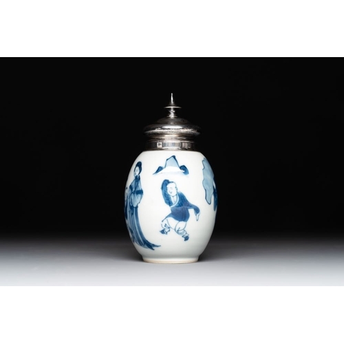 898 - A Chinese blue and white 'Long Eliza and playing boys' tea caddy with silver mount and cover, Kangxi... 