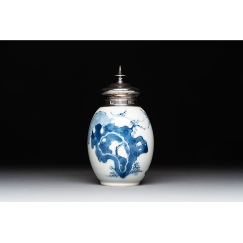 898 - A Chinese blue and white 'Long Eliza and playing boys' tea caddy with silver mount and cover, Kangxi... 