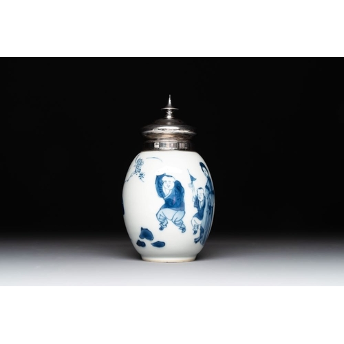 898 - A Chinese blue and white 'Long Eliza and playing boys' tea caddy with silver mount and cover, Kangxi... 